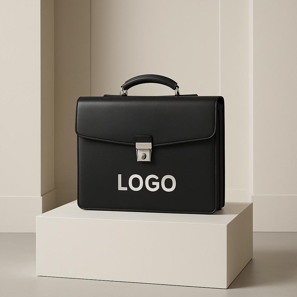 The image depicts a black leather briefcase, with the word "LOGO" prominently displayed in white text at its front center....
