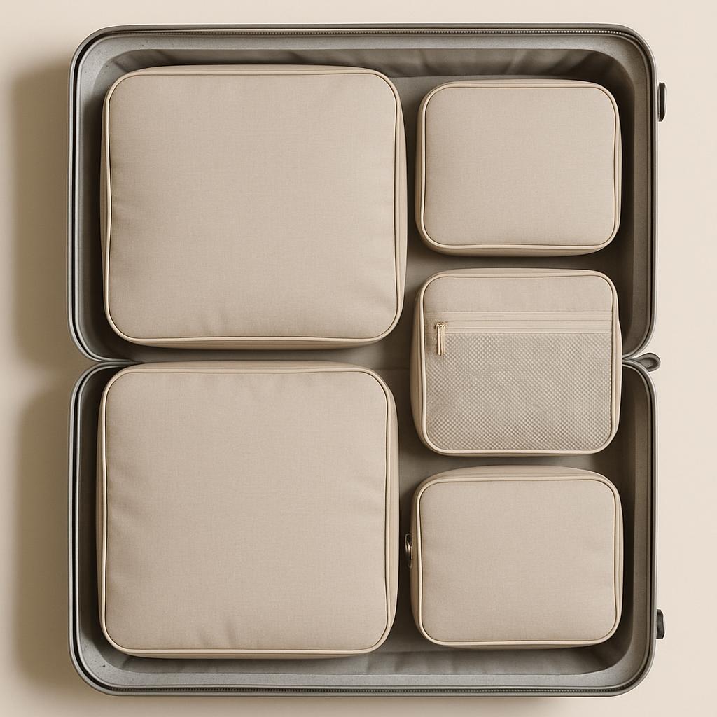 The alt text for the image is: a beige gray suitcase featuring four leather containers with zippered tops. The smaller lef...