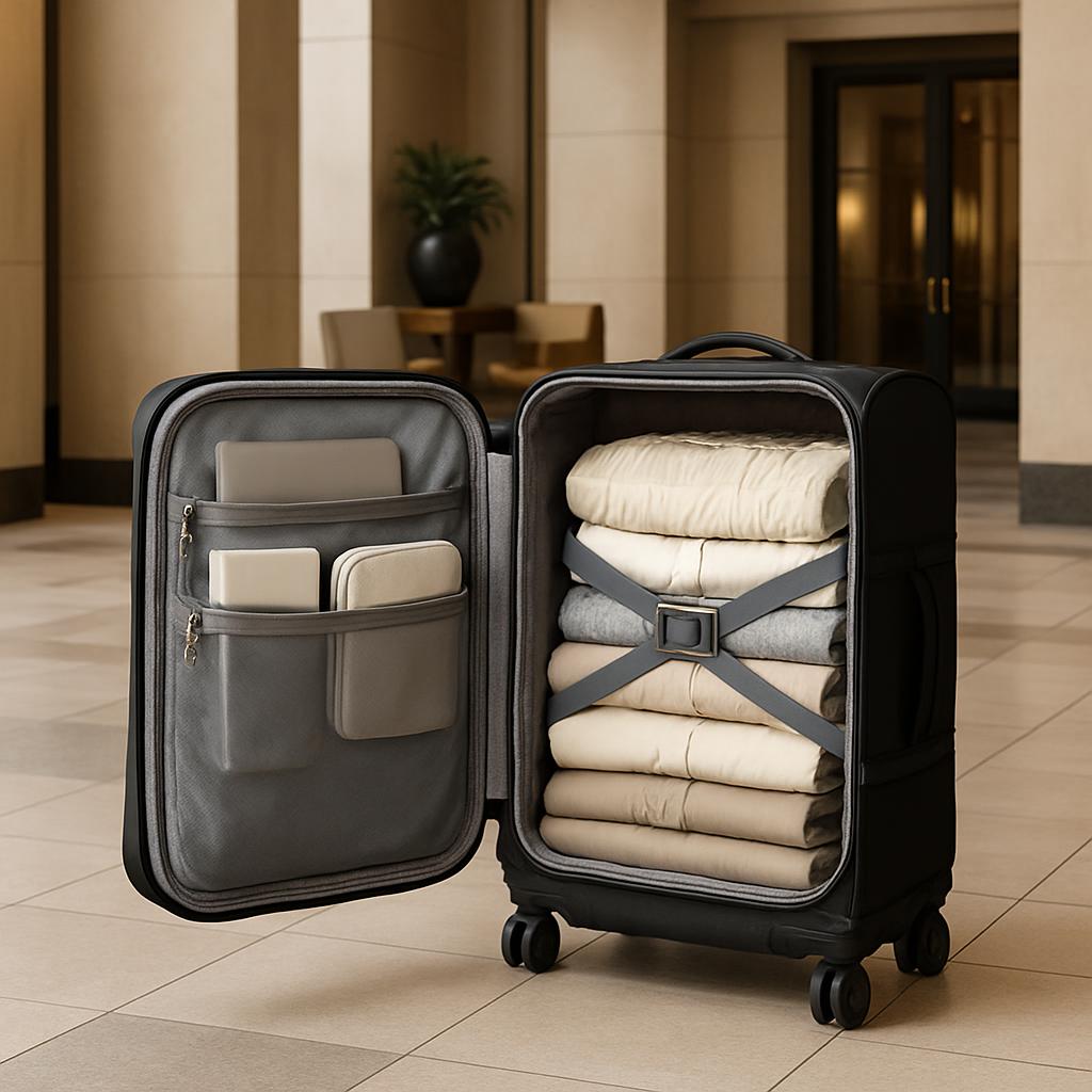 Here is the alt text for the image: A black suitcase is open to reveal its neatly organized interior, stacked with rolled-...