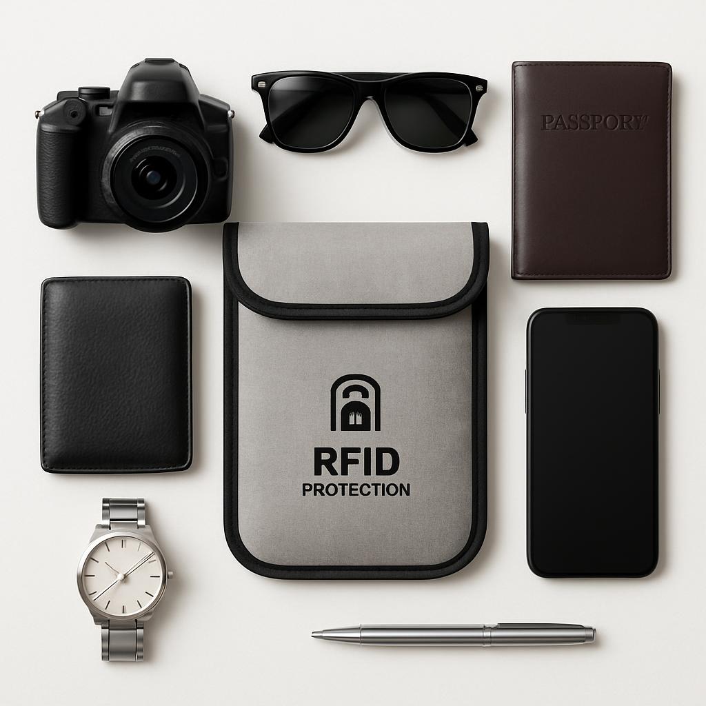 A collection of everyday items, including a camera, sunglasses, wallet, passport, smart device, watch, pen, and RFID prote...