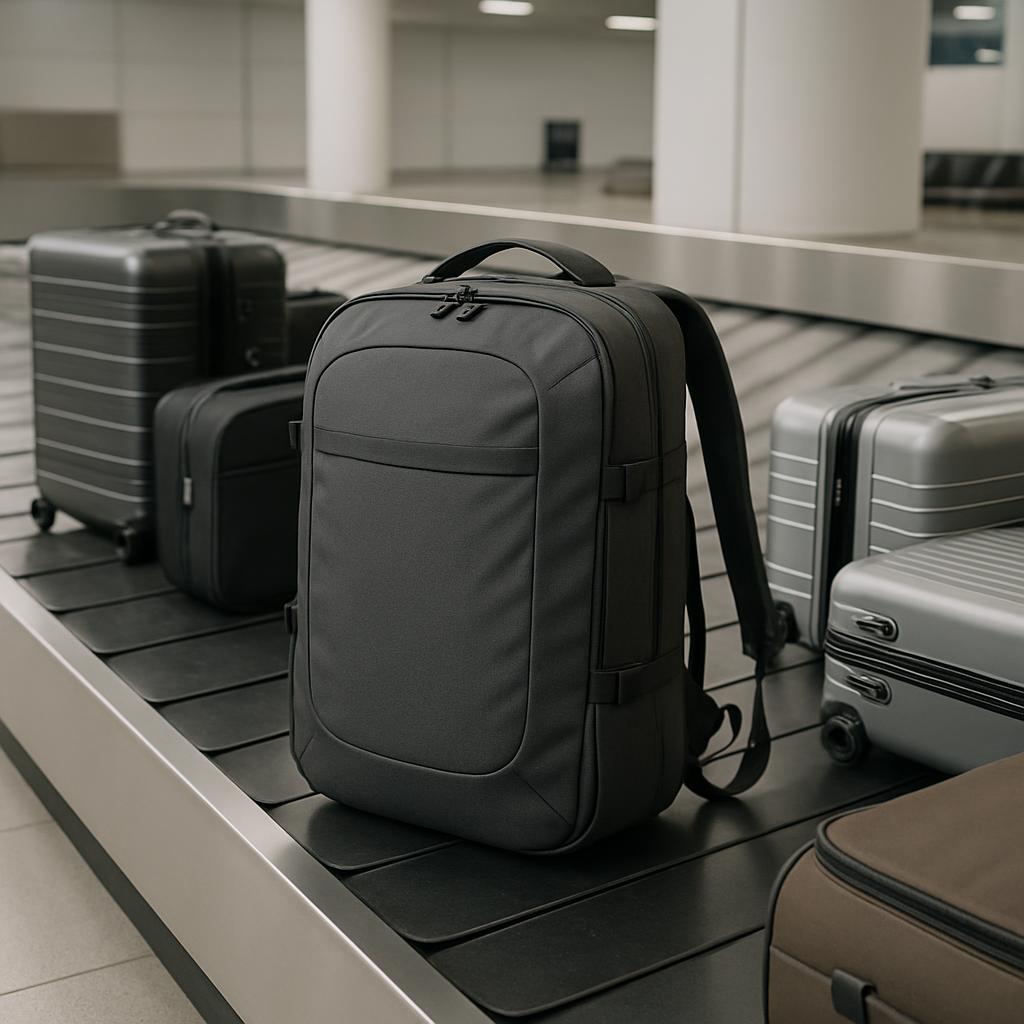 A collection of luggage, including a backpack and various suitcases, arranged on a conveyor belt in an airport.